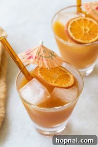A finished Brass Monkey cocktail, beautifully garnished with an orange slice and a small umbrella.