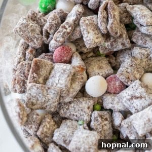 A bowl of delicious Christmas reindeer food, featuring Chex cereal coated in chocolate and peanut butter, dusted with powdered sugar and mixed with holiday M&Ms.