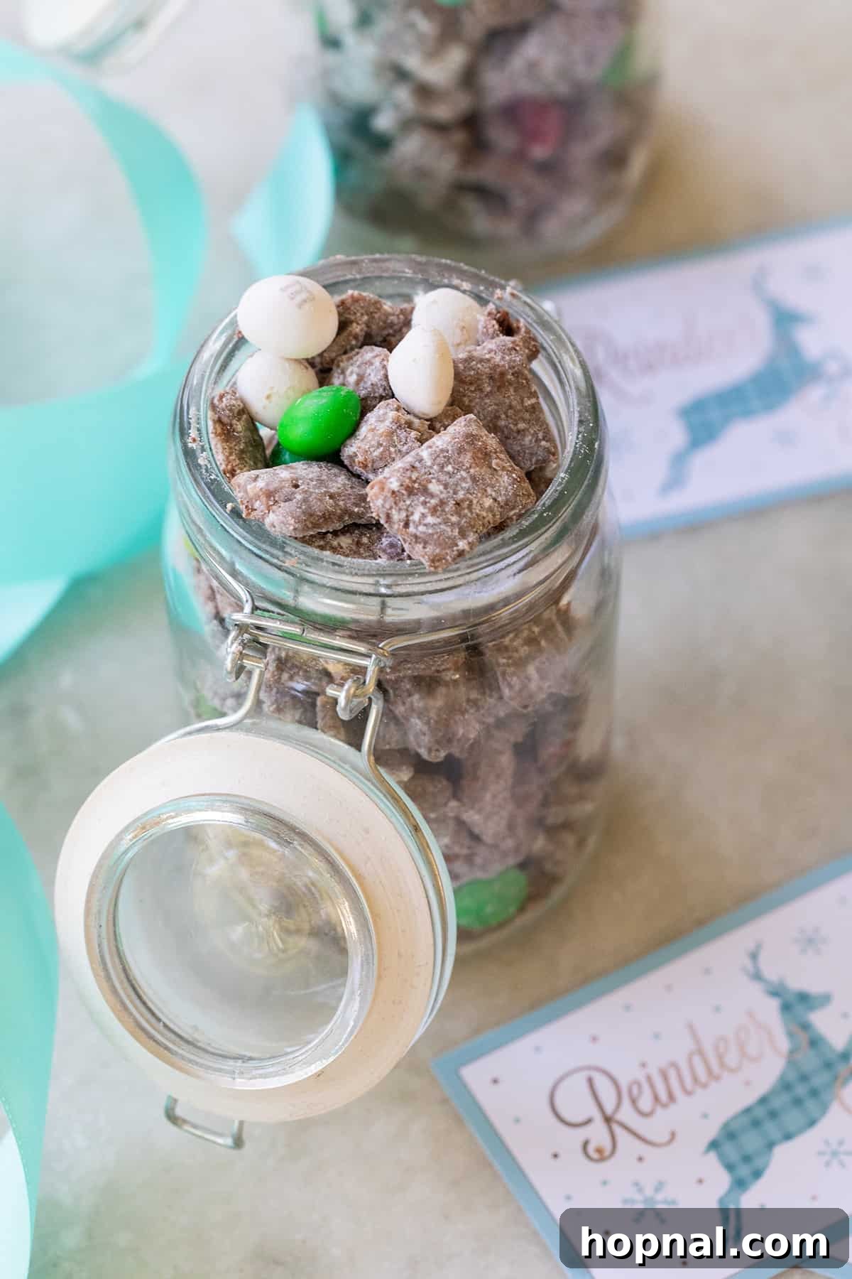 Magic Reindeer Dust 10 Small glass jars, each filled with colorful Christmas puppy chow and tied with festive ribbons, arranged as thoughtful holiday gifts.