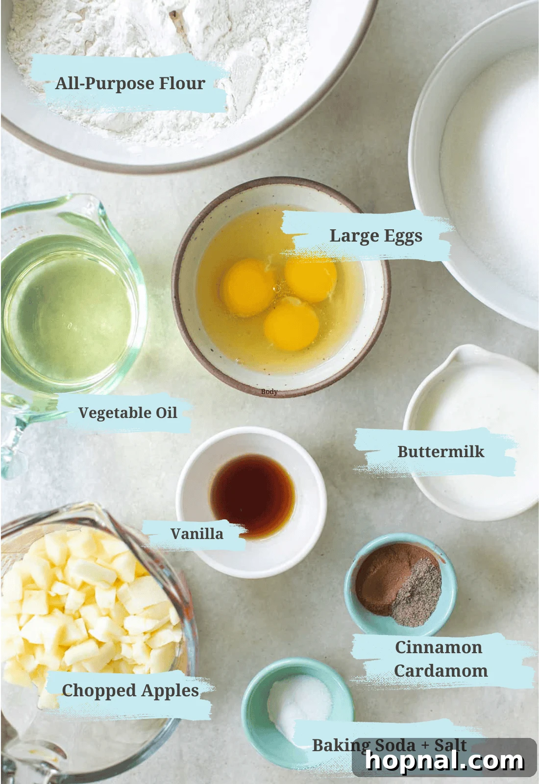 A flat lay photograph showcasing all the fresh and pantry ingredients required to bake an old-fashioned apple cake recipe, including apples, flour, sugar, eggs, and spices.