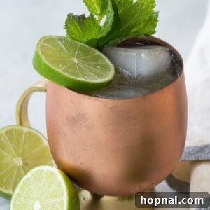 Bourbon mule in a copper mug with lime wheels.
