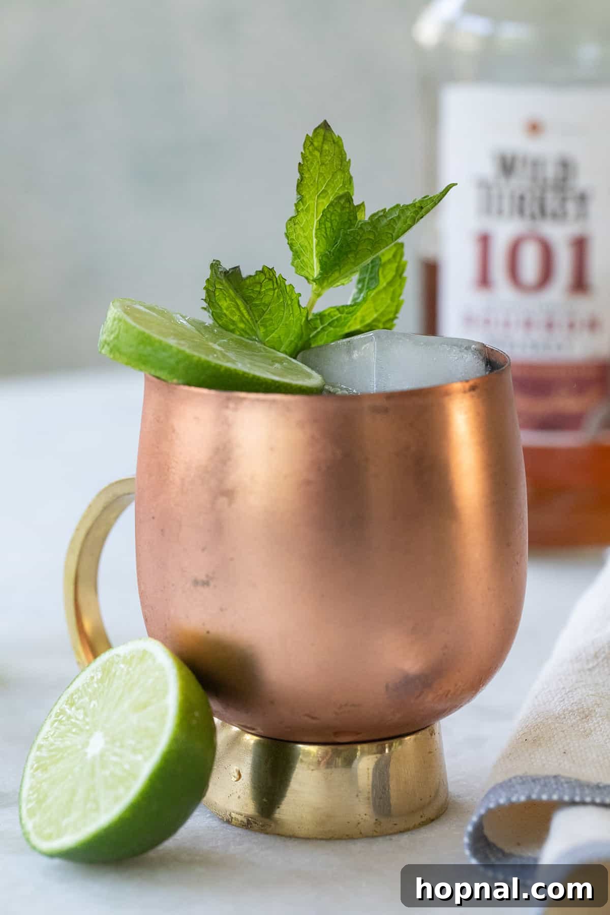 A refreshing Moscow Mule made with bourbon in a copper mug, garnished with fresh mint, against a dark background.