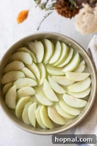 Apples arranged in a round cake tin.