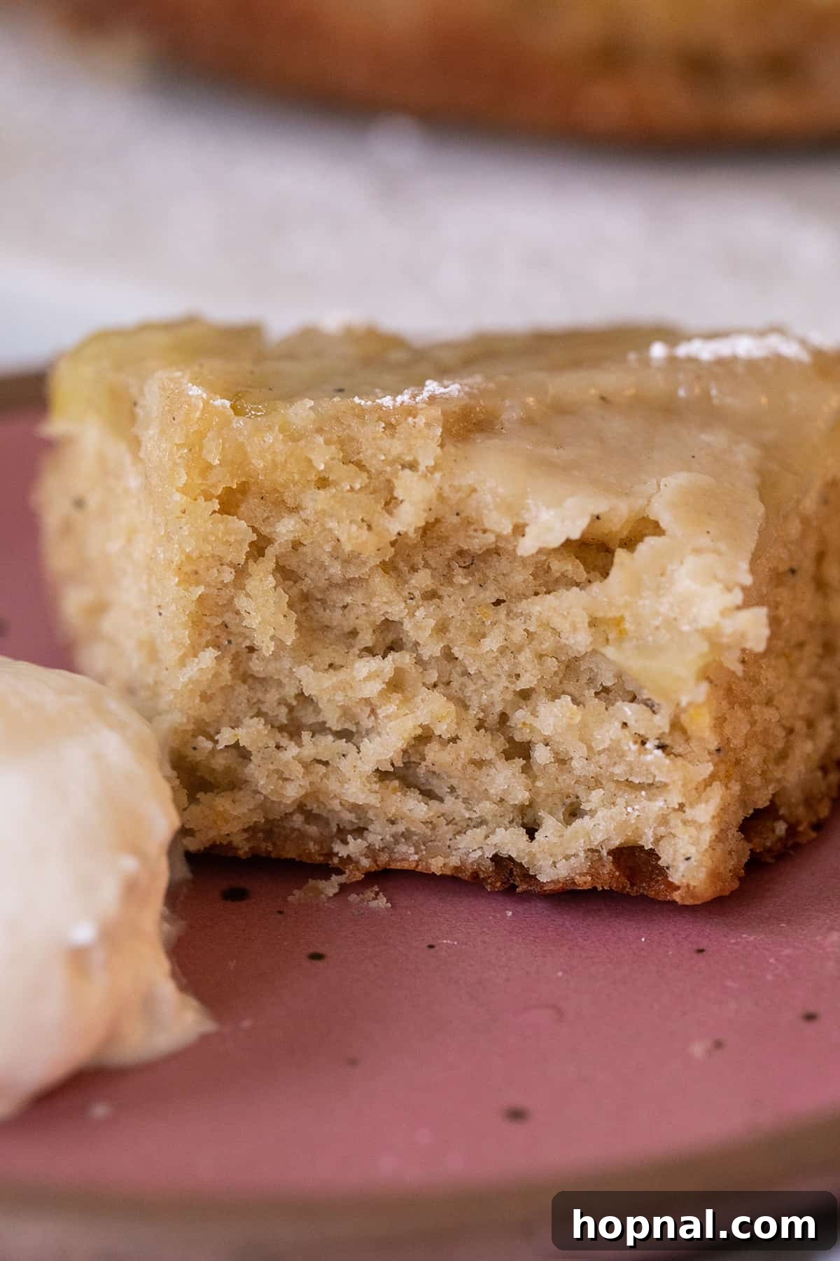 A close-up of a delightful apple upside-down cake slice with a small bite taken out, revealing the soft cake and tender, caramelized apple pieces. It's a tempting image that highlights the cake's texture and flavor.