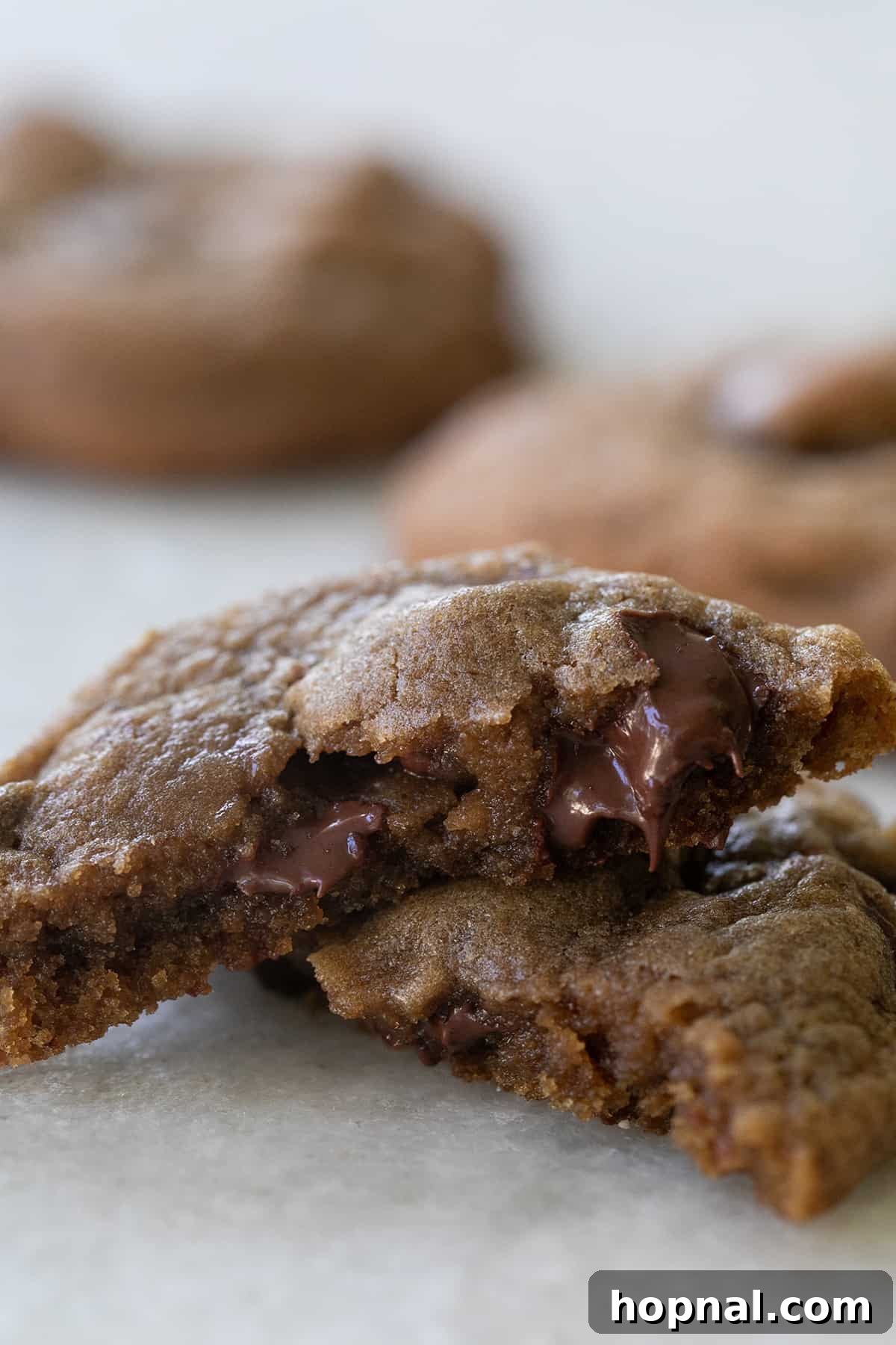 A perfectly chewy chocolate chip espresso cookie broken in half, revealing gooey melted chocolate chips and a soft interior.