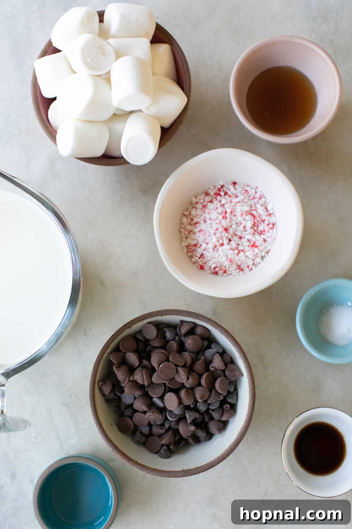 Chocolate chips, milk, vanilla extract, peppermint extract and salt in bowls.