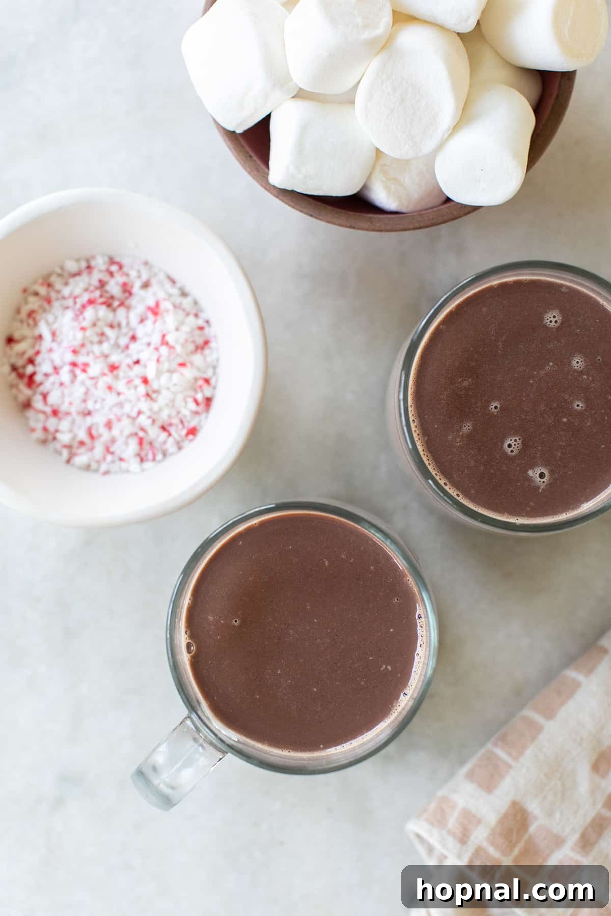 Hot chocolate in mugs.