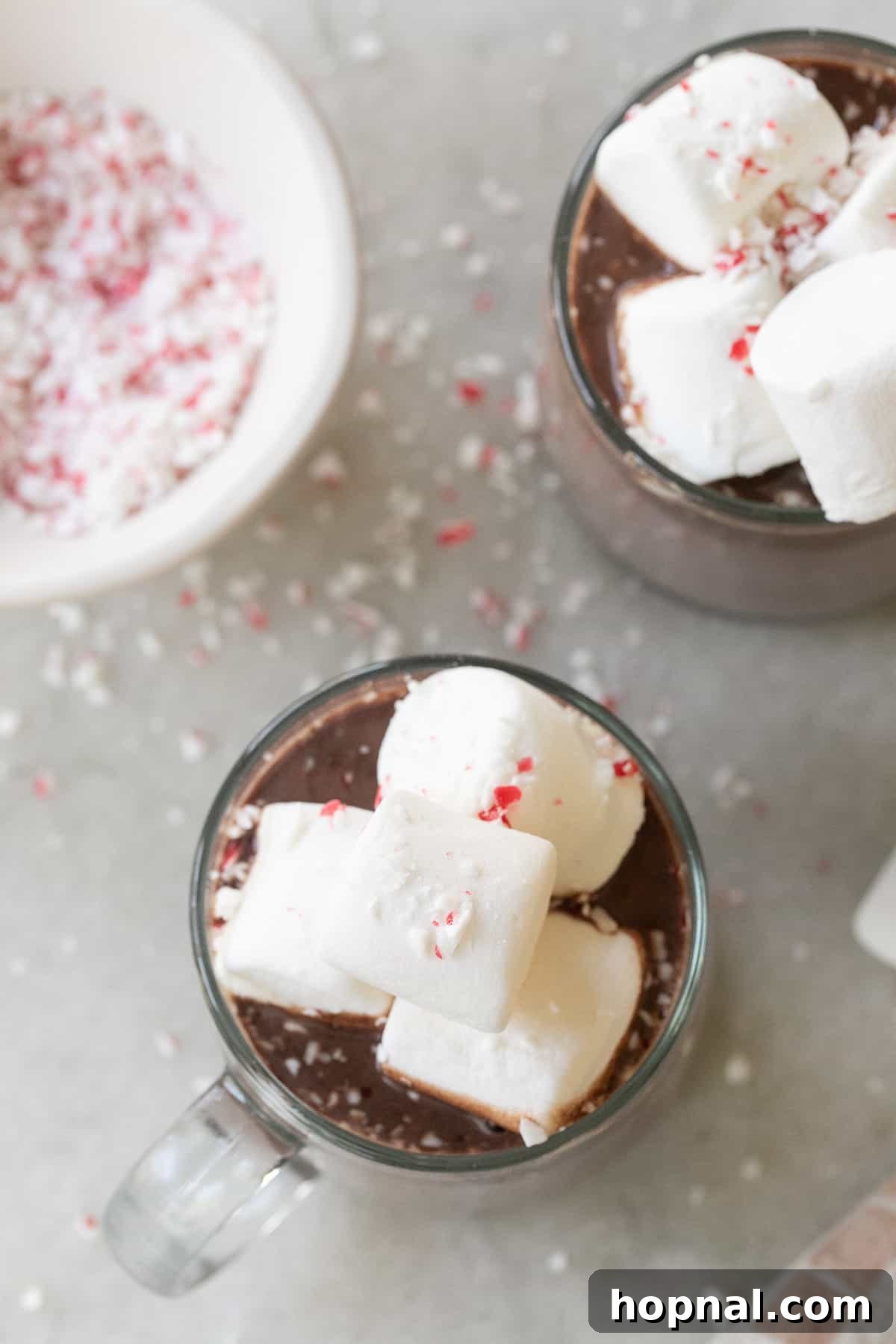 Homemade hot chocolate with peppermint and marshmallows. 