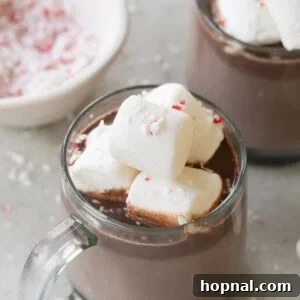 Peppermint mint hot chocolate in a clear mug with marshmallows and crushed candy canes.