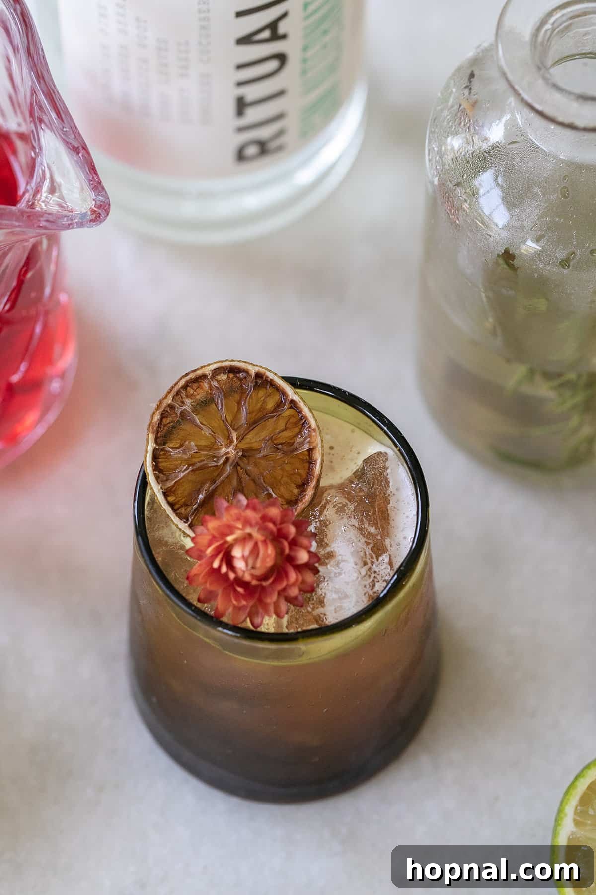 Thanksgiving mocktail in a glass with apple cider and cranberry.