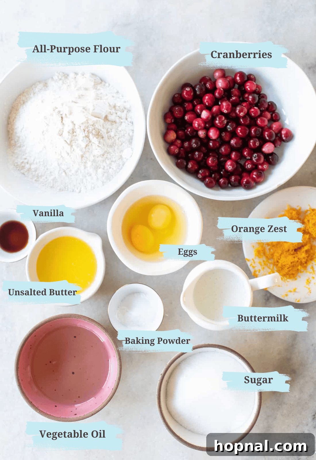 A collection of fresh ingredients laid out in bowls, including cranberries, butter, flour, sugar, orange zest, oil, eggs, and buttermilk, all ready to be transformed into homemade orange cranberry muffins.