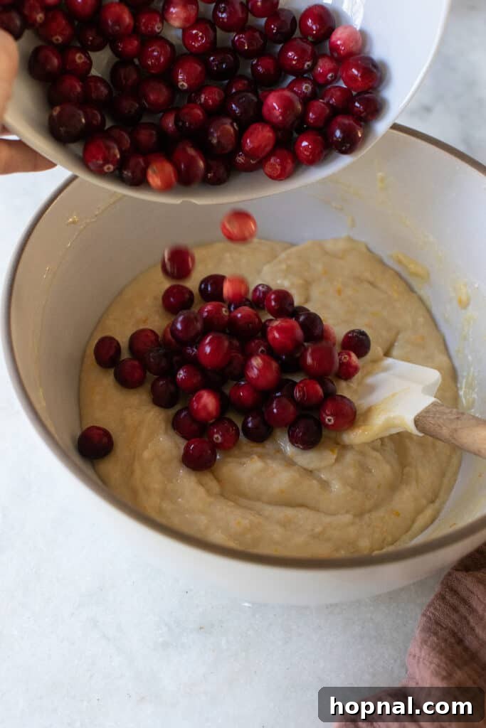 Fresh cranberries being poured into the muffin batter, ready to be gently folded in.