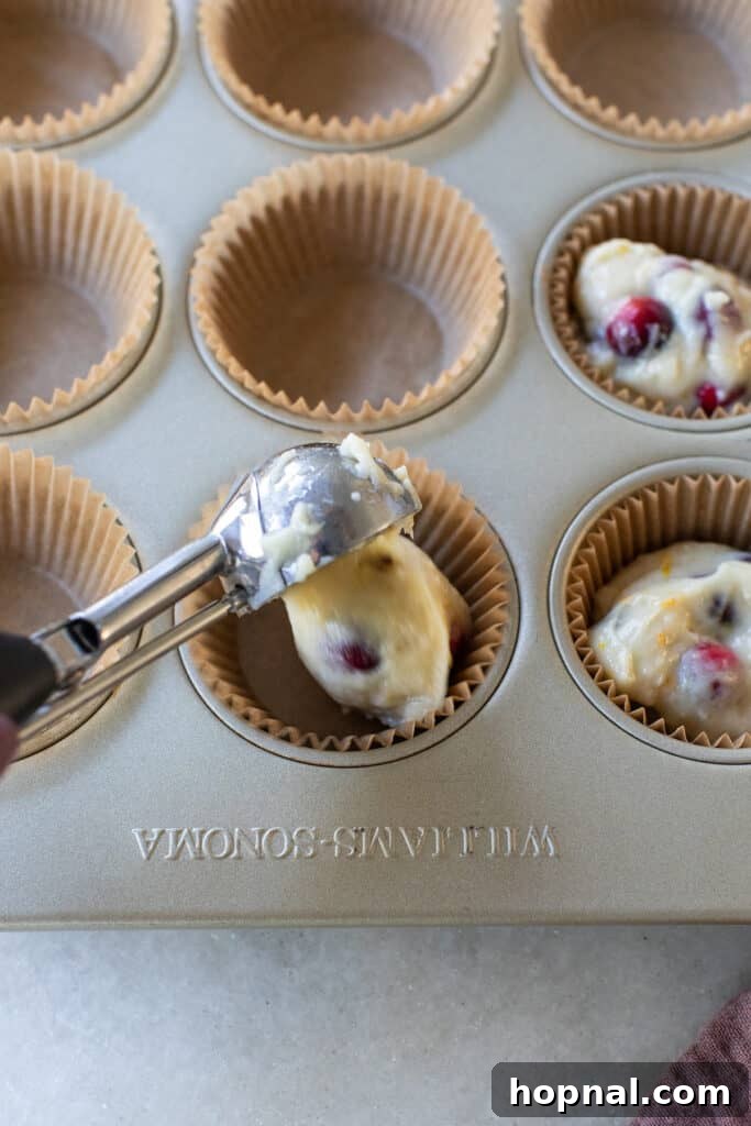 Muffin batter being scooped precisely into a cupcake tin lined with paper.