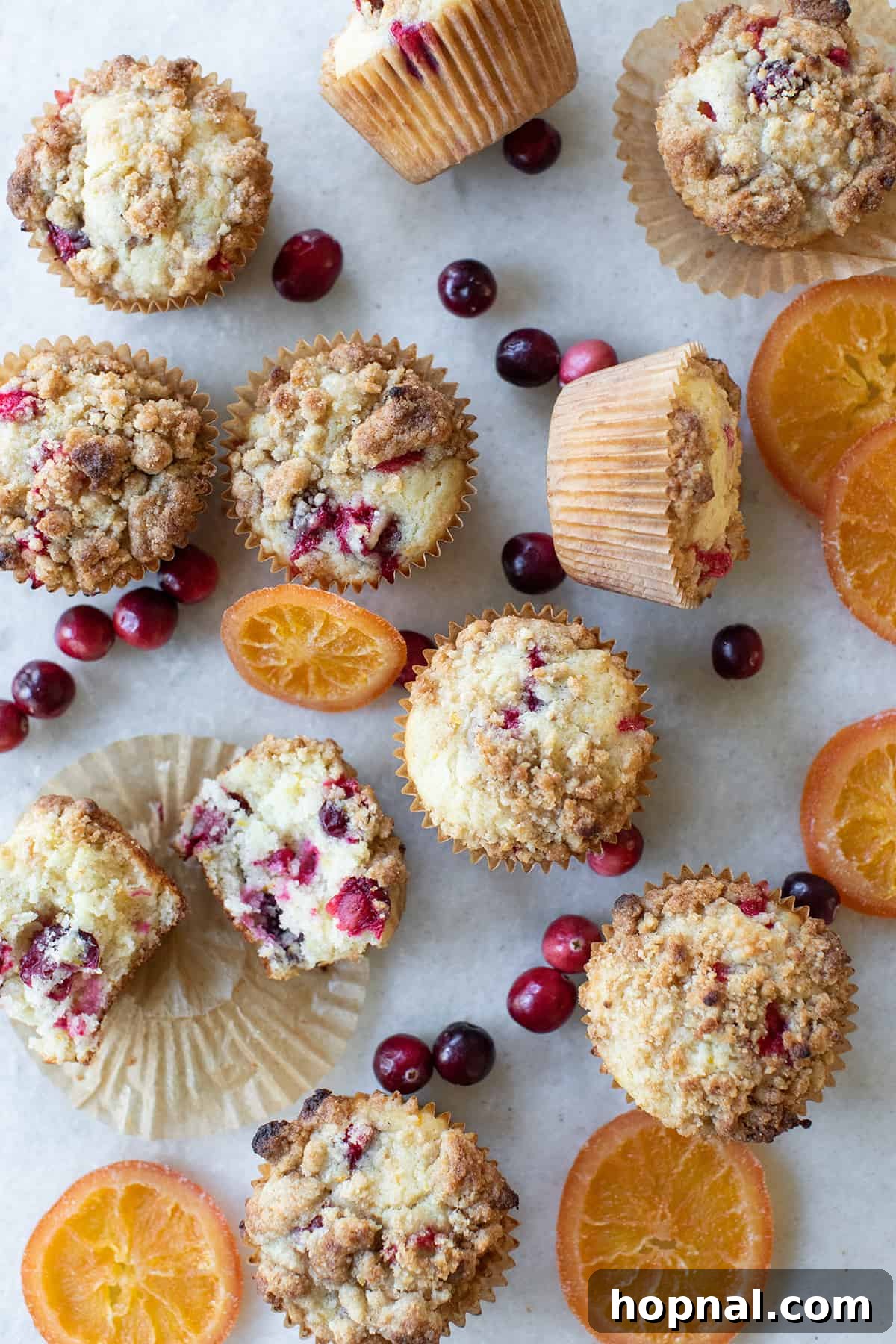 A beautifully arranged plate of cranberry orange muffins, each generously adorned with its golden-brown streusel topping, inviting you to take a bite.