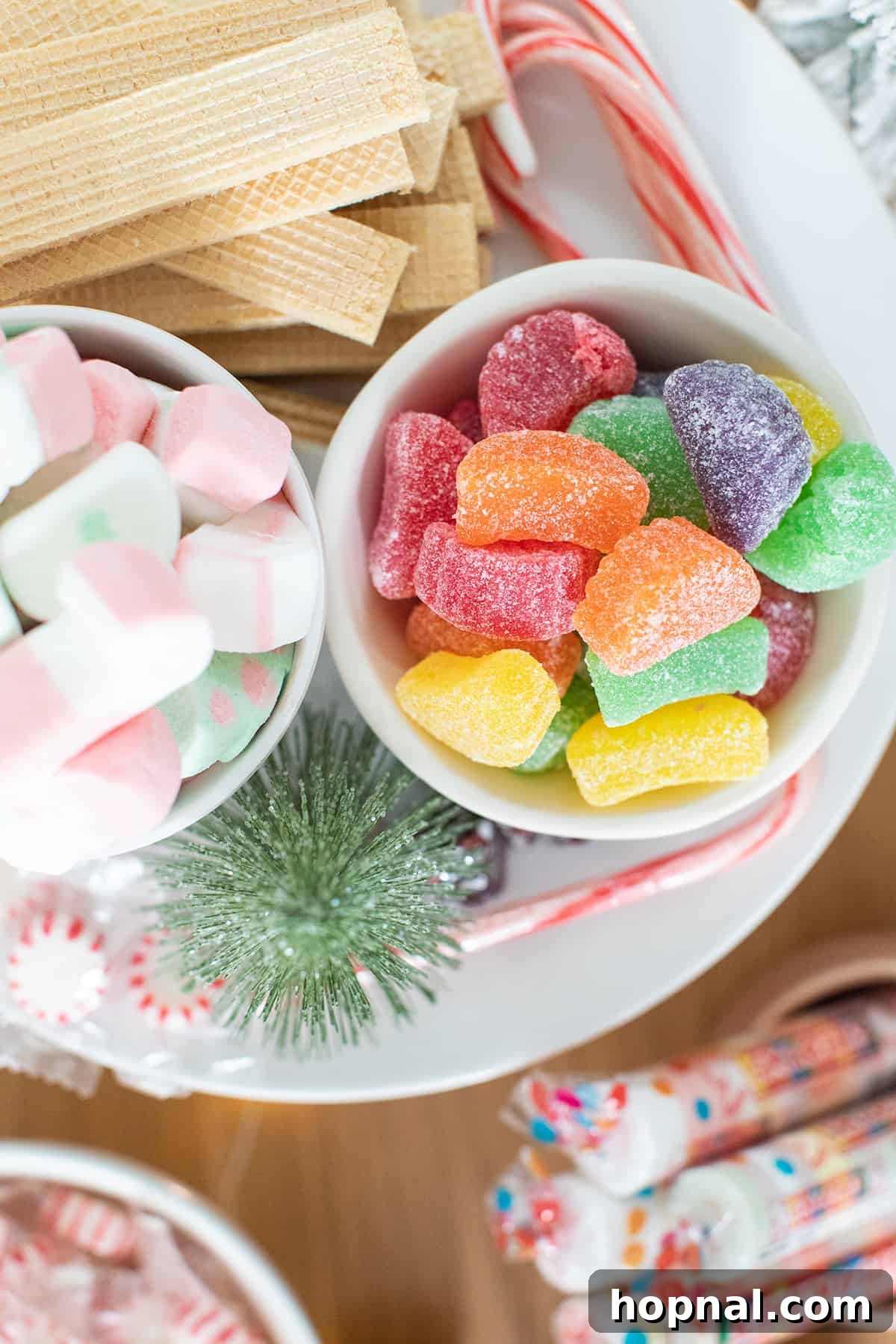 Close-up of vibrant candy bowls meticulously arranged for a gingerbread house decorating party.