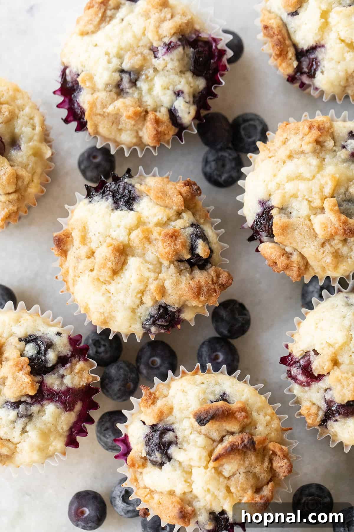 Golden Banana Blueberry Treats 2 Blueberry banana muffins on a table with fresh blueberries, showcasing their golden-brown tops and moist interior.
