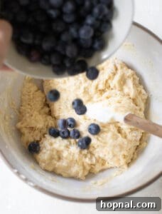 Golden Banana Blueberry Treats 13 Fresh blueberries going into banana muffin batter, being gently folded in.