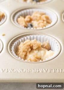 Golden Banana Blueberry Treats 15 Streusel topping sprinkled generously over blueberry banana muffin batter in a tin.