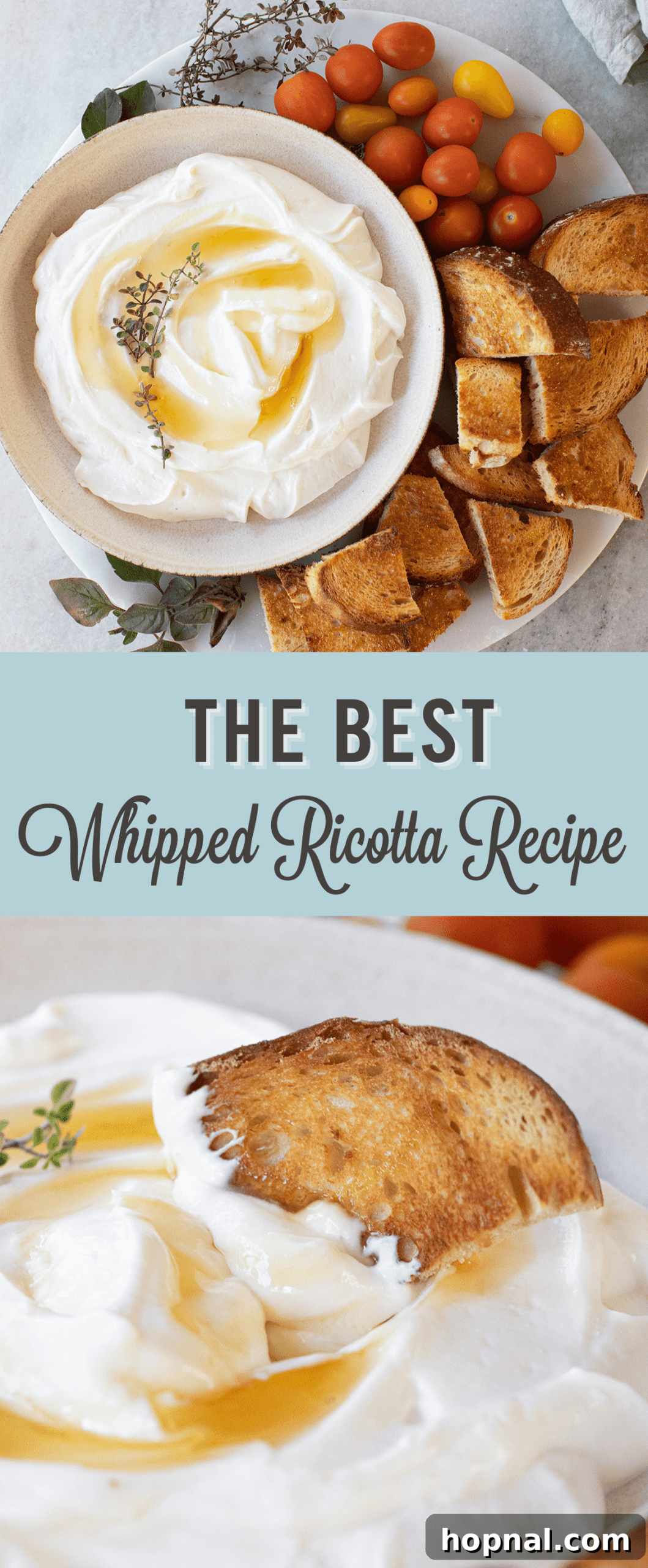 Easy appetizer with 'Whipped Ricotta Dip' title, ready to be pinned.