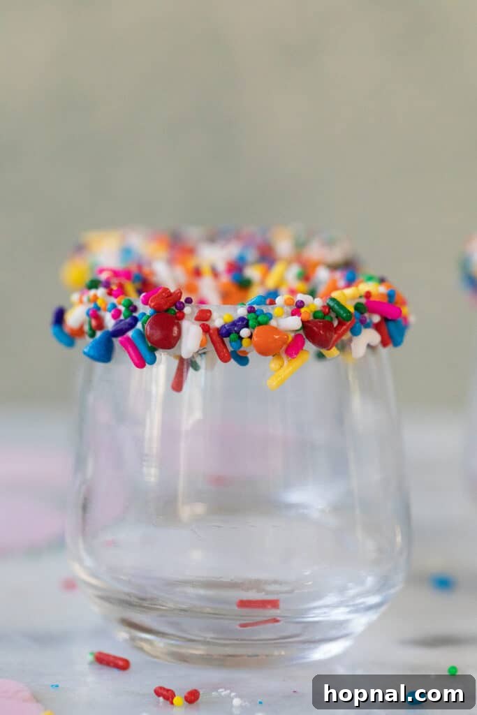 Close-up view of a shot glass with a perfectly coated sprinkle rim, ready for the cocktail mixture.