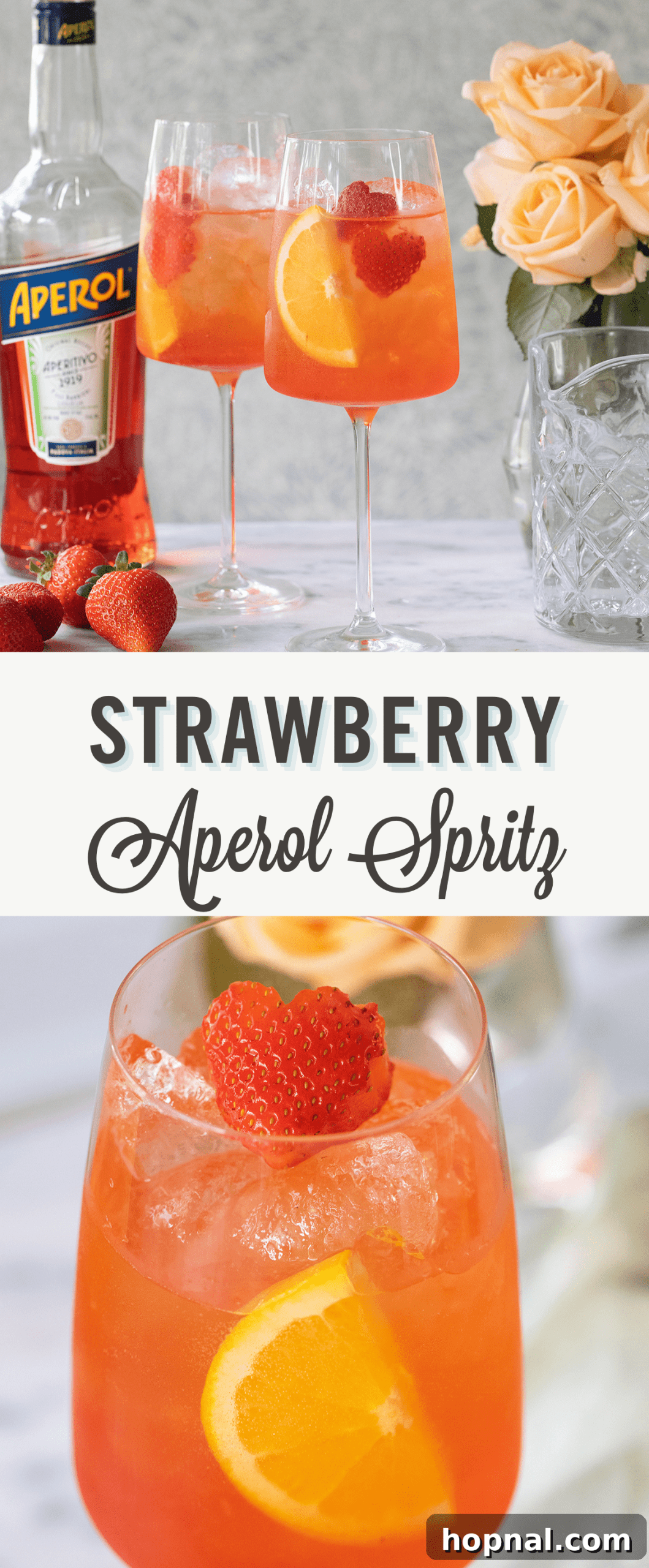 A vibrant Strawberry Aperol Spritz, garnished with a strawberry and orange slice, against a soft background, highlighting its refreshing appeal.