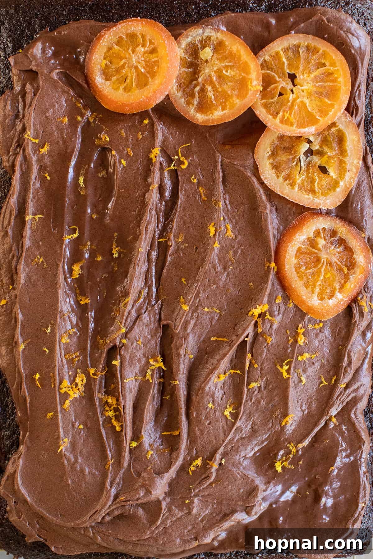 Moist chocolate orange cake topped with luxurious chocolate orange frosting and vibrant fresh orange zest, ready to be served.