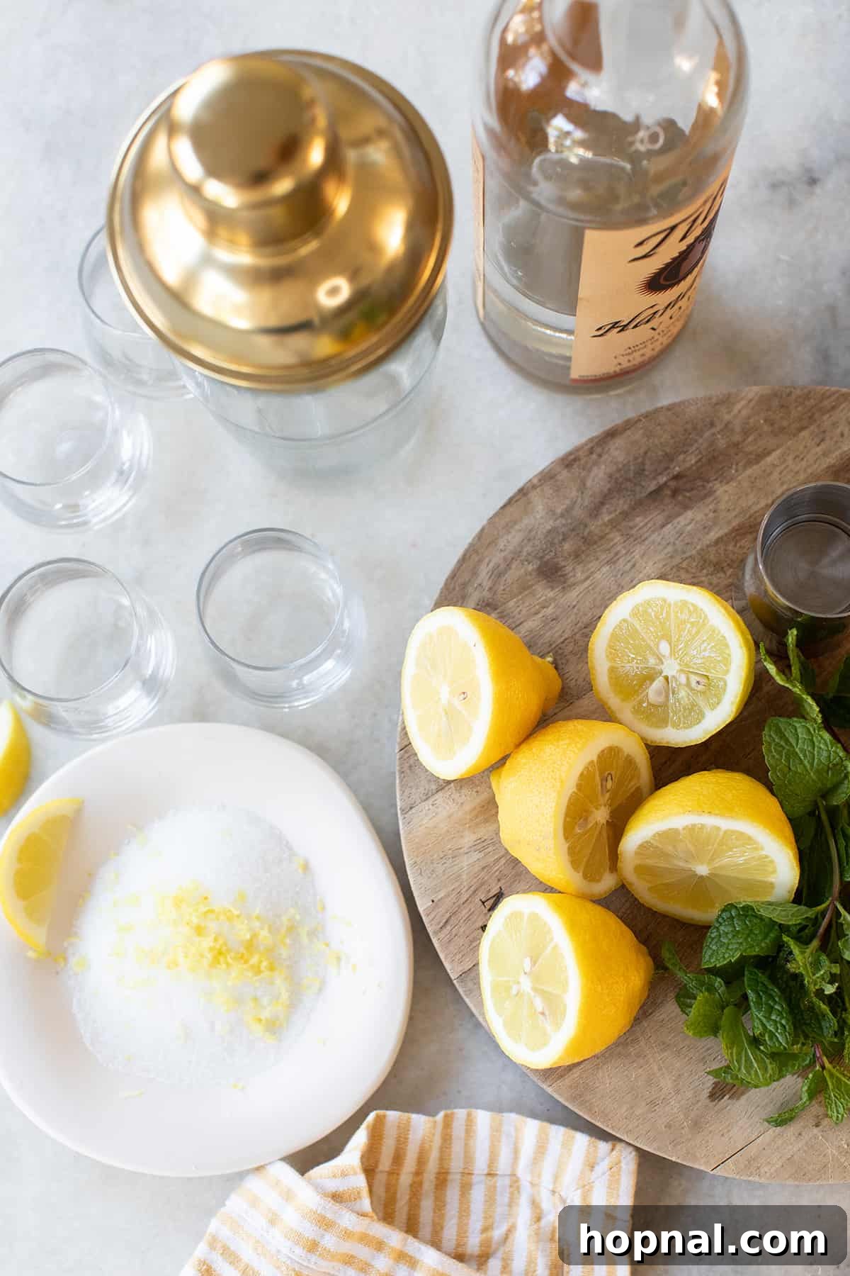 Close-up of fresh ingredients for lemon drop shots: bright yellow lemons, a clear bottle of quality vodka, a jar of homemade simple syrup, and fresh mint sprigs on a rustic wooden surface.
