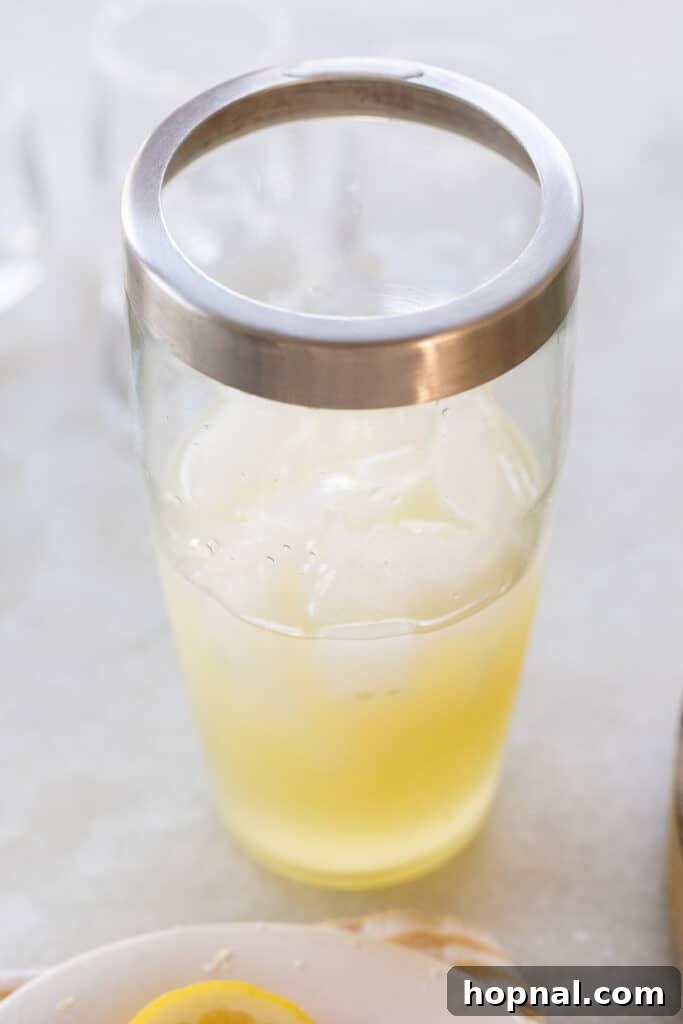 Cocktail shaker filled with ice, fresh lemon juice, vodka, and simple syrup, ready for a vigorous shake.