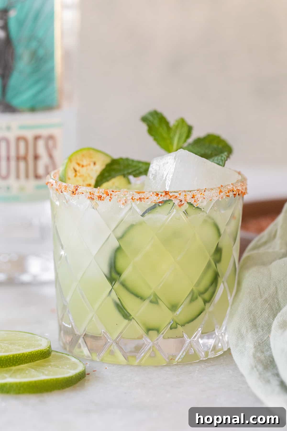 Crisp cucumber margarita with fresh cucumber slices and vibrant mint garnish, ready for a refreshing sip.