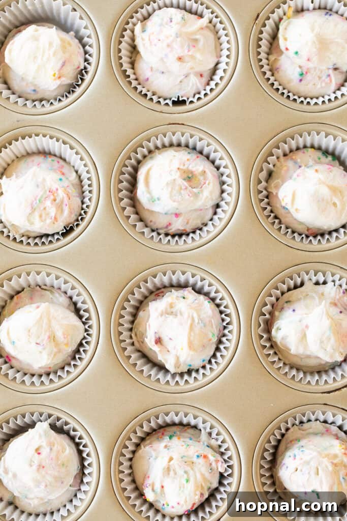 A filled cupcake tin with confetti cupcake batter.