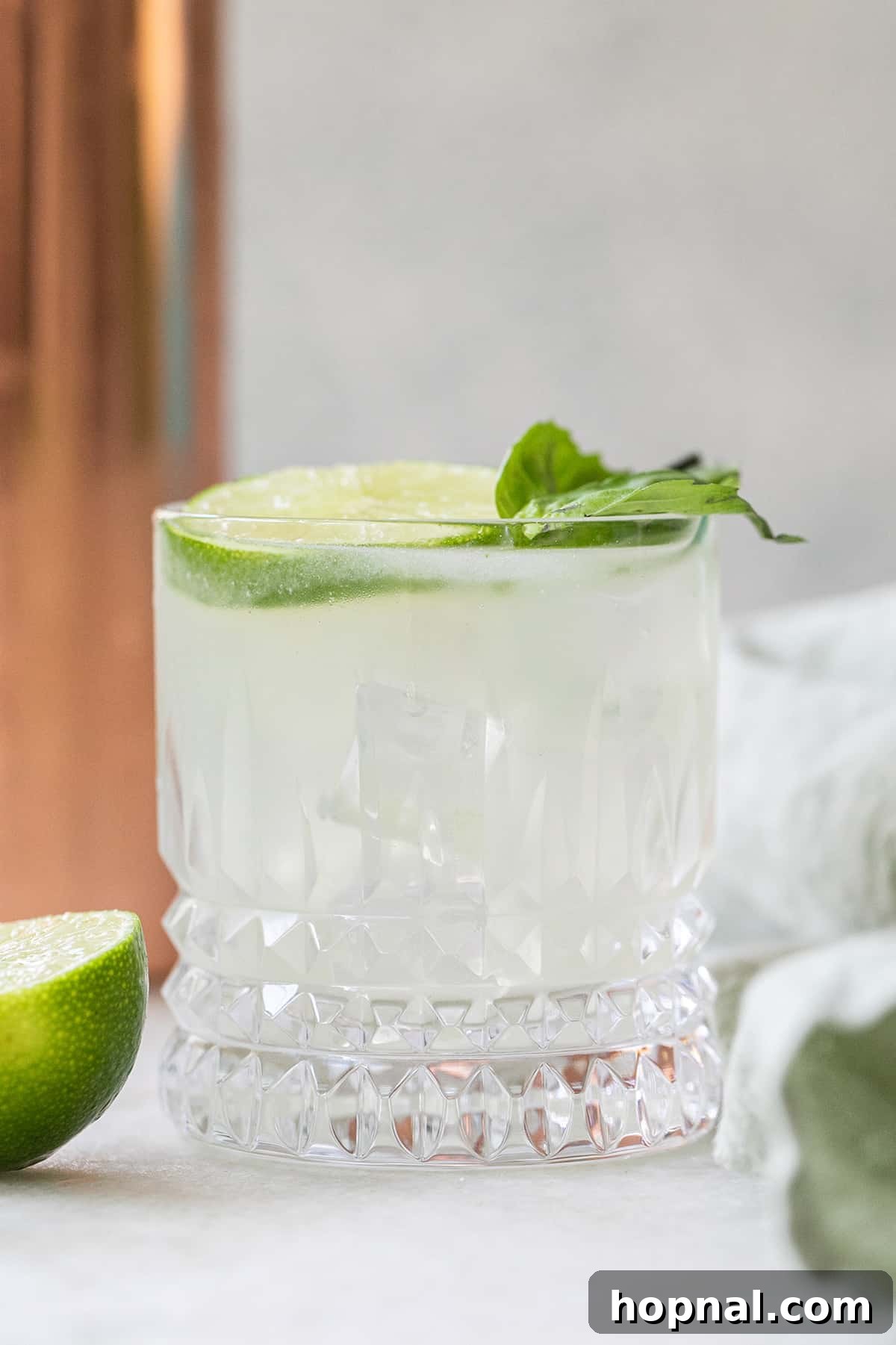 Close-up of a Gin Basil Smash cocktail, garnished with a lime wheel and a basil leaf, highlighting its vibrant green hue.