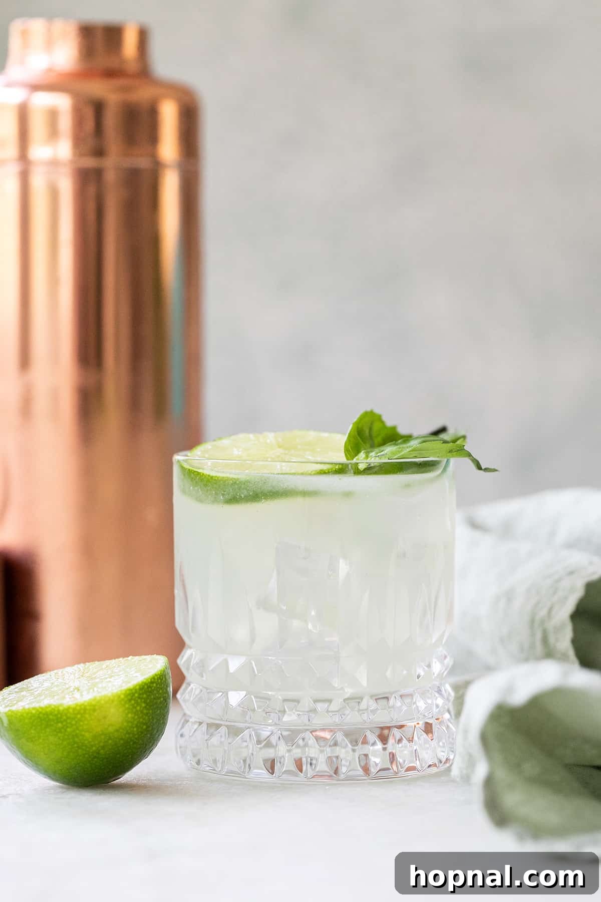 A freshly made Gin Basil Smash cocktail in an elegant glass, garnished with basil and lime.