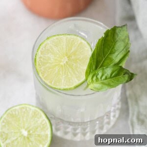 A close-up of a Basil Gin Smash cocktail.