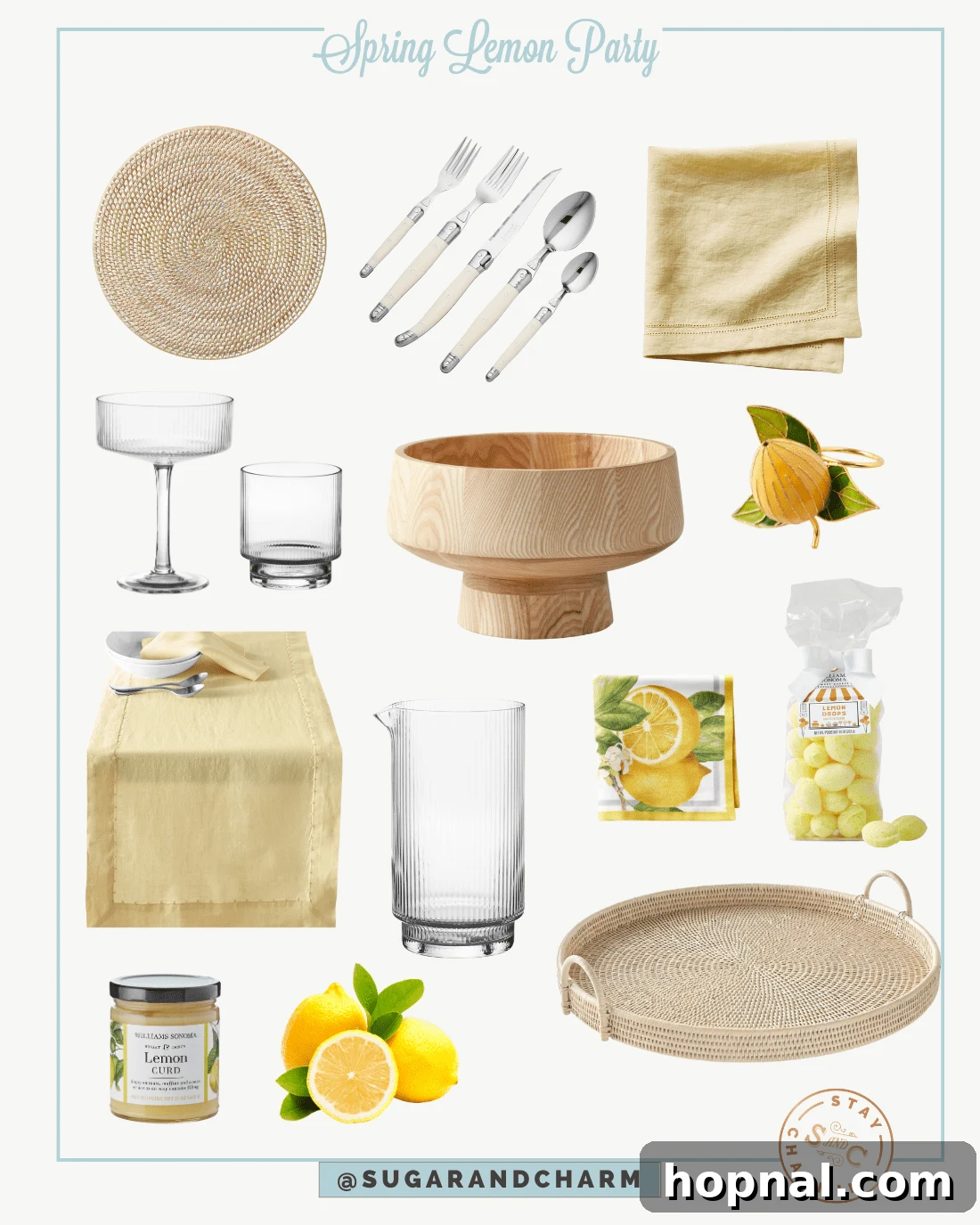 Spring Gatherings: A Lemon-Kissed Table 14 A shopping guide collage showcasing various items used in the lemon-inspired table setting, including bowls, flatware, and glasses.