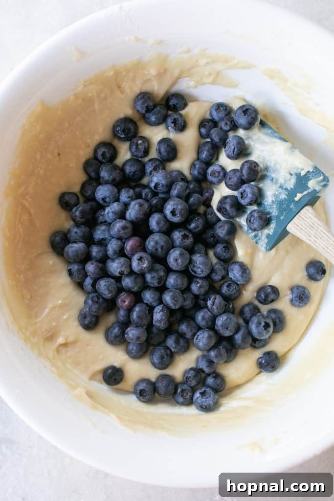 Fresh blueberries being gently folded into thick, lumpy muffin batter using a rubber spatula.