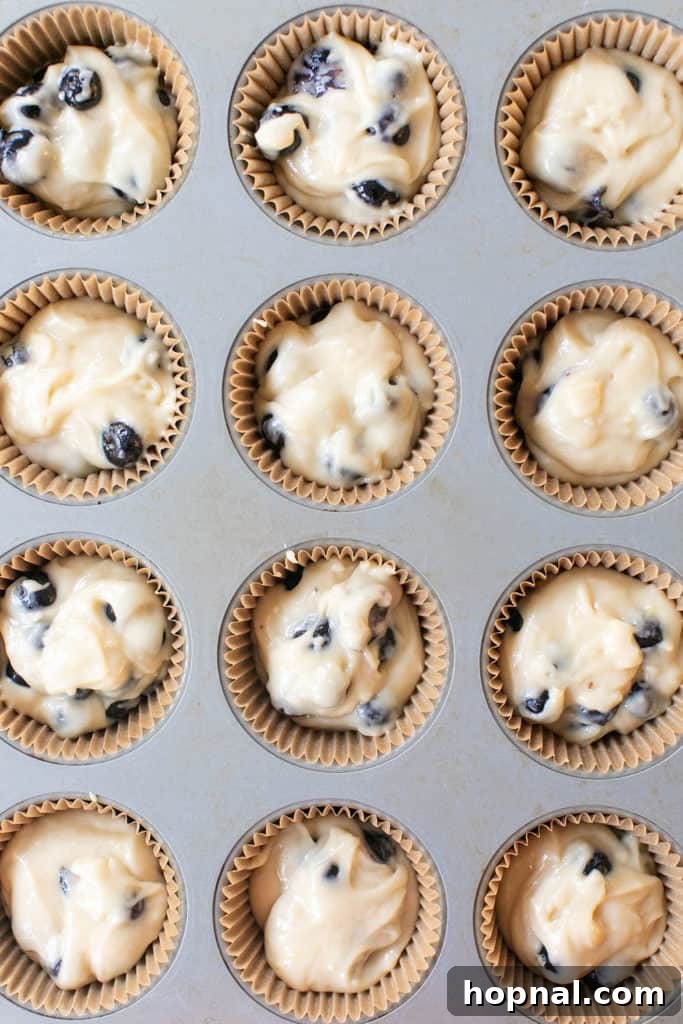 Blueberry muffin batter neatly scooped into a muffin tin lined with white paper cups, topped with streusel, and ready for baking.