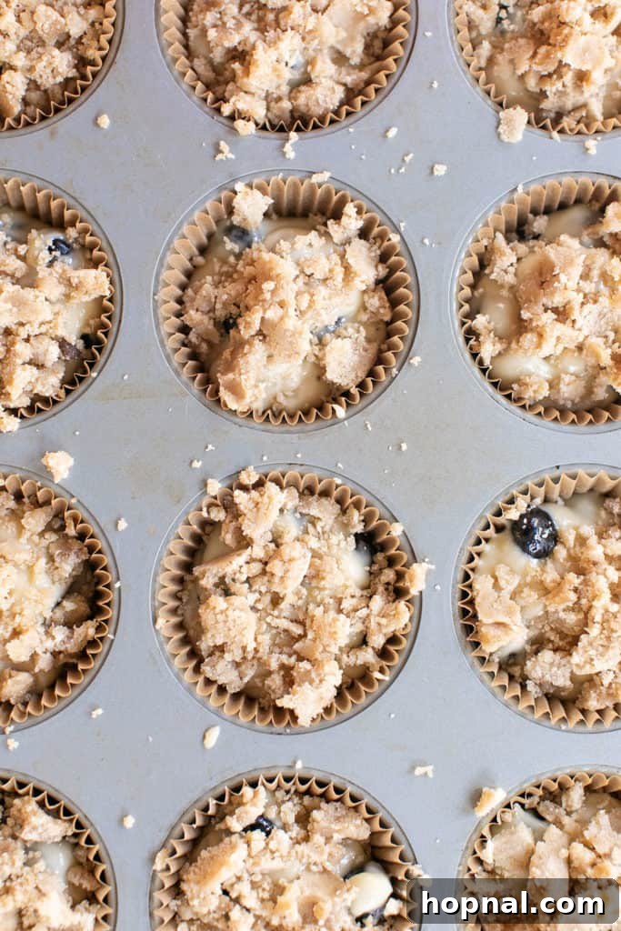 A batch of golden-brown homemade blueberry muffins with crumbly streusel topping, freshly removed from a muffin pan and cooling slightly.