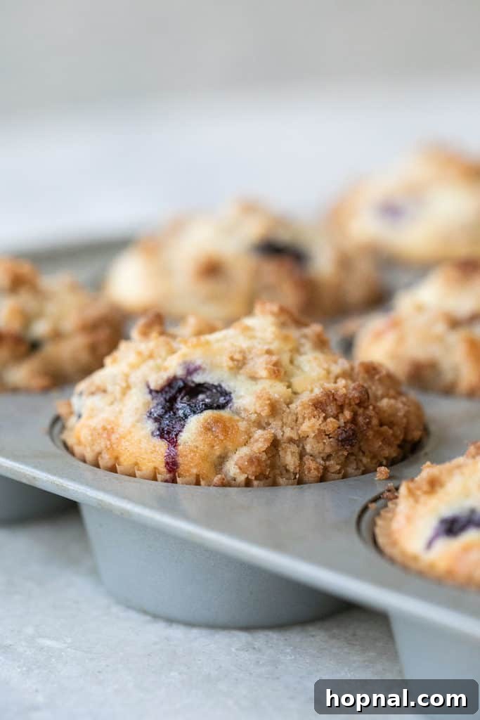 A close-up of an individual easy blueberry muffin, showcasing its tender interior, vibrant blueberries, and rich, buttery crumb topping.