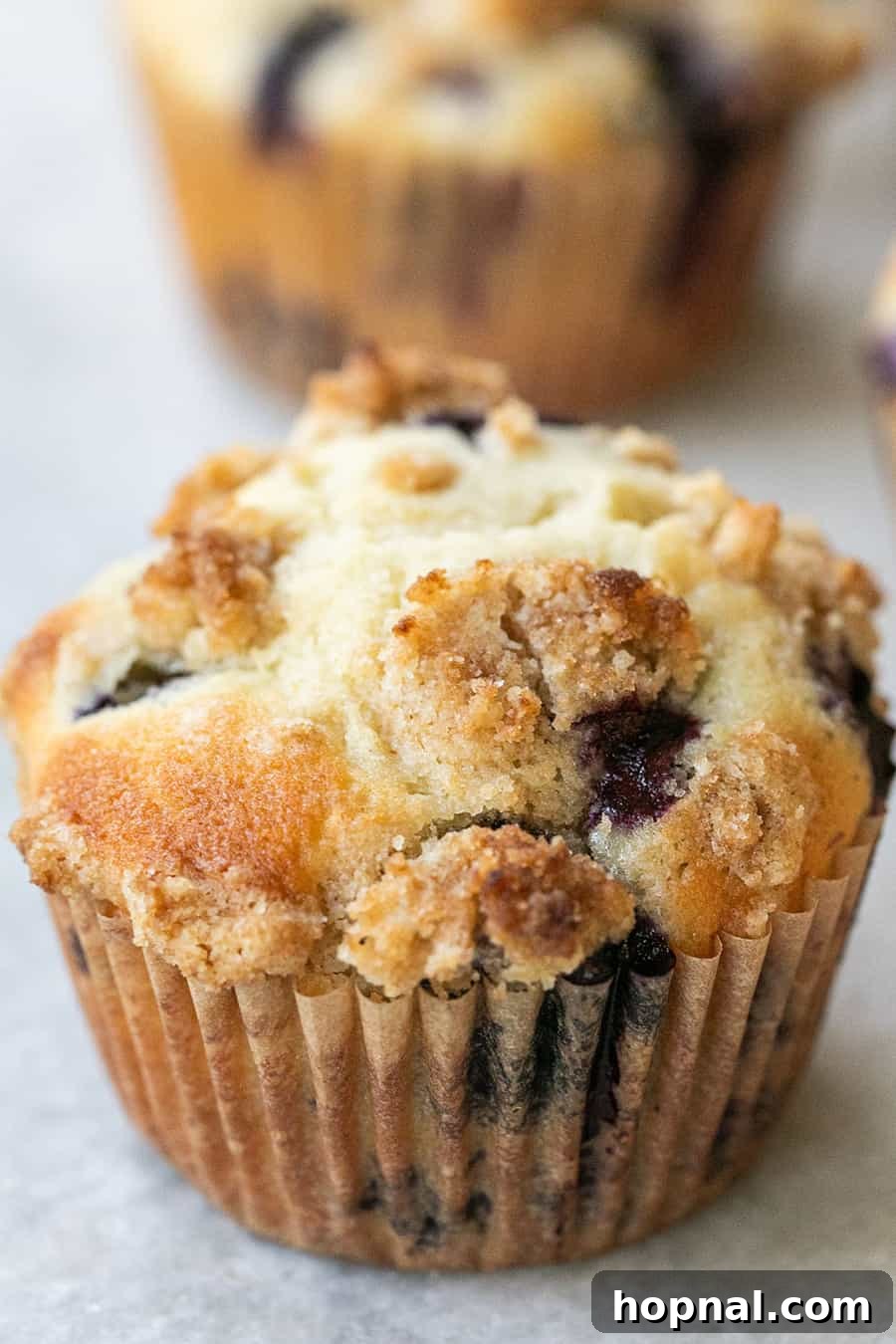 A cluster of golden bakery-style blueberry muffins, beautifully domed and generously topped with a crumbly streusel, cooling on a wire rack.