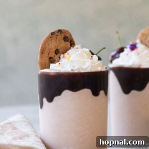 A tall glass filled with a creamy Chips Ahoy milkshake, drizzled with chocolate sauce, topped with a generous swirl of whipped cream, and garnished with crumbled cookies and a whole Chips Ahoy cookie. This delicious treat is easy to make and perfect for any time of year.