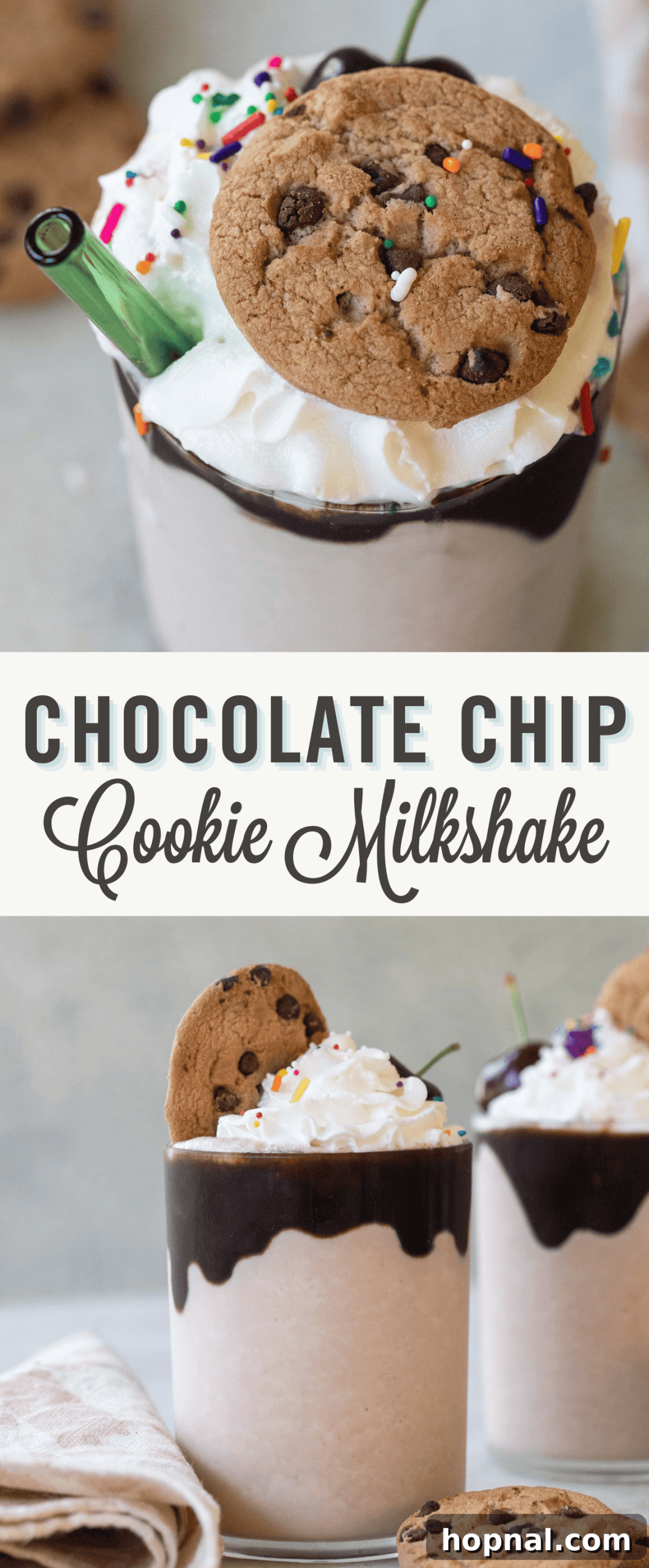 A delightful Chips Ahoy milkshake served in a tall glass, crowned with a generous swirl of whipped cream and garnished with chocolate shavings and a whole Chips Ahoy cookie, against a softly blurred background. This indulgent dessert is perfect for satisfying sweet cravings.