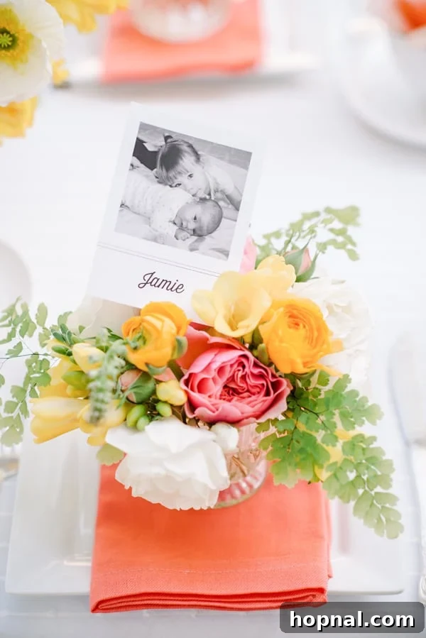 Mom's Garden Tea Oasis 13 Personalized place setting with a picture of kids nestled within a small flower arrangement for a Mother's Day Backyard Tea Party