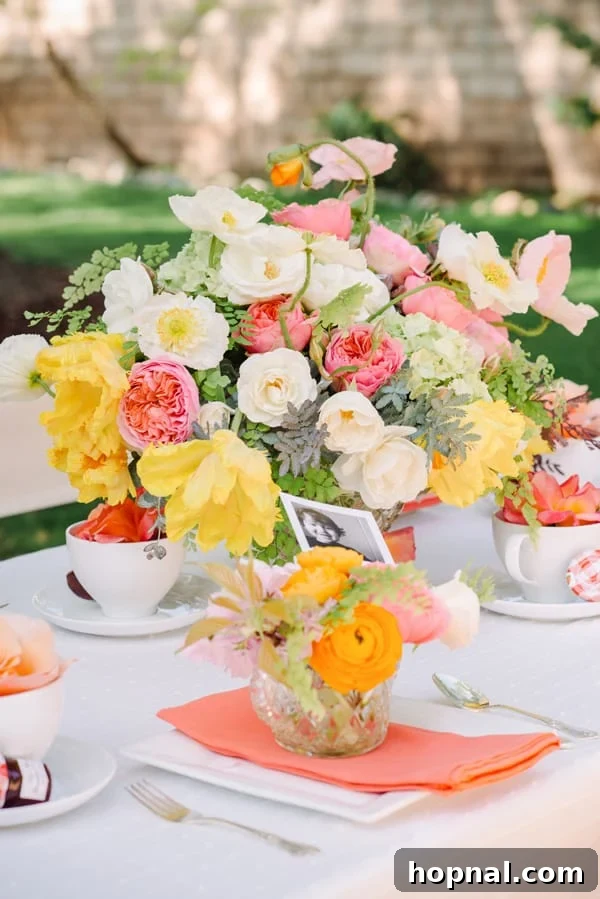 Mom's Garden Tea Oasis 17 Close-up of vibrant flowers and elegant tea settings at a Mother's Day Backyard Tea Party