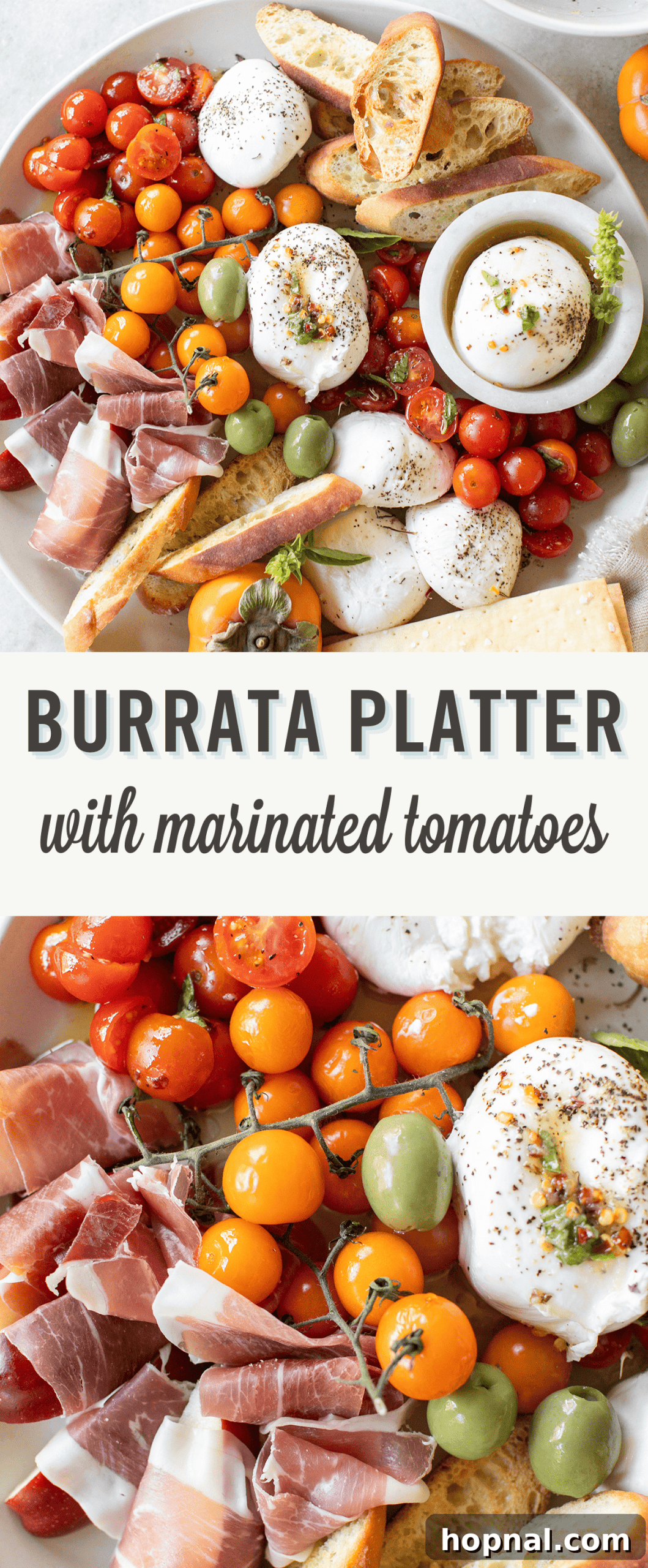 A stunning burrata platter showcasing creamy burrata cheese alongside vibrant marinated cherry tomatoes, ready to be enjoyed.