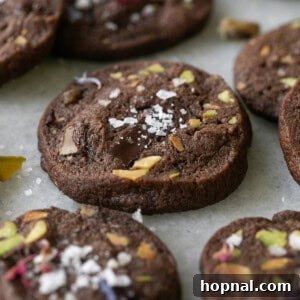 Perfectly baked chocolate sable cookies, richly flavored and speckled with green pistachios.