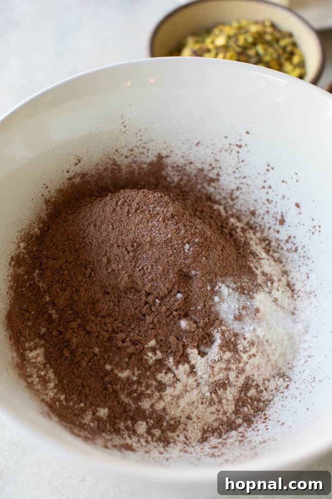 A bowl filled with a perfectly whisked blend of dry ingredients including flour, cocoa powder, salt, and baking soda, ready for making sable cookies.
