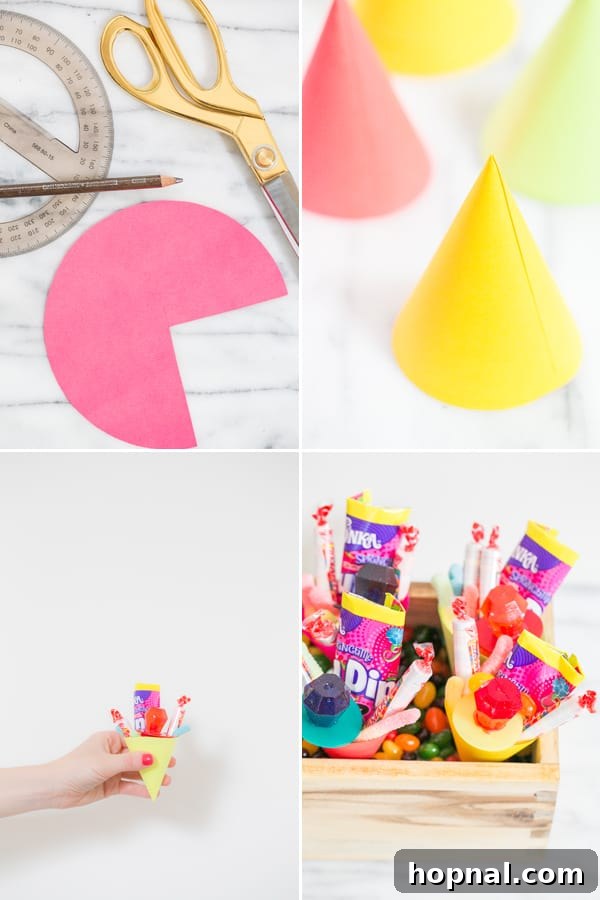 DIY mini candy cones in vibrant colors