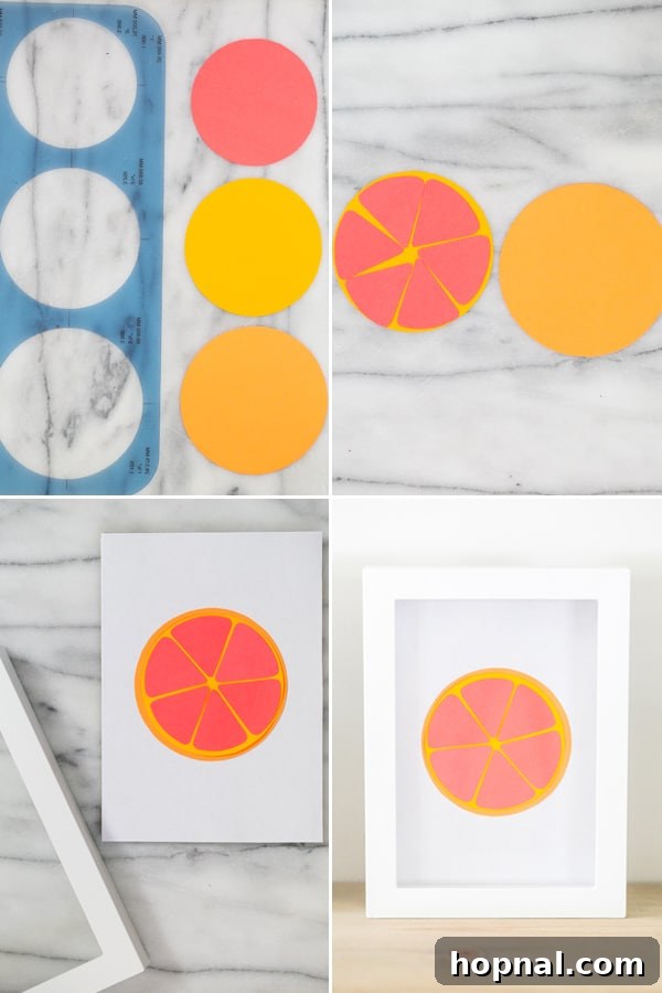 Arrangement of paper fruit art on a wall