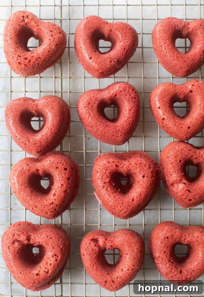 A close-up of heart-shaped red velvet donuts cooling on a wire rack, showcasing their unique form.