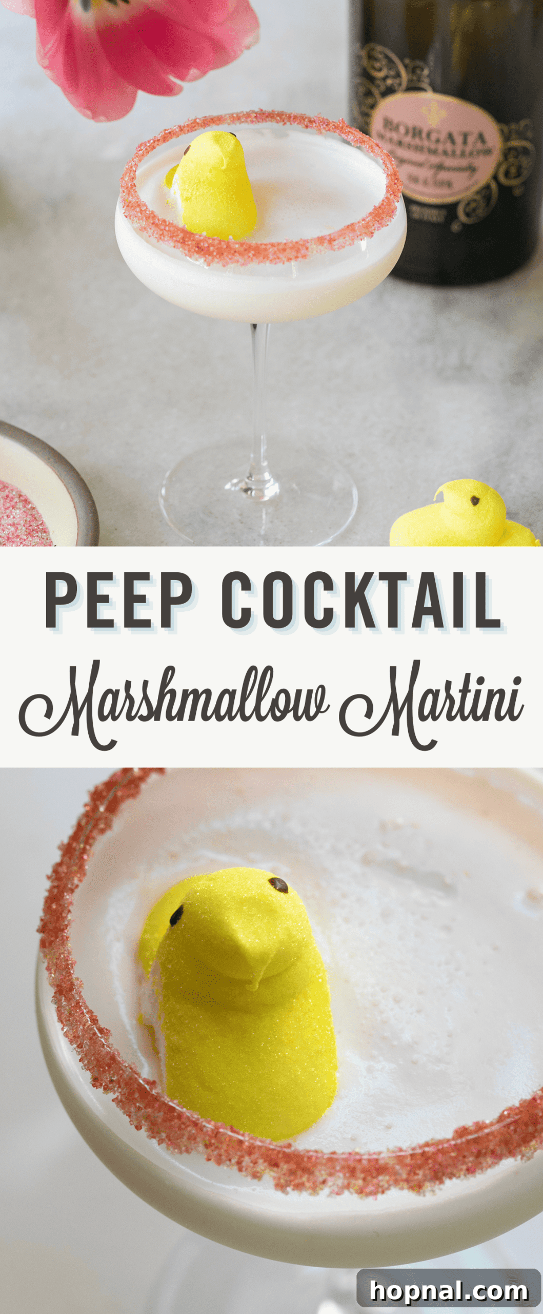 Peep cocktail recipe featuring marshmallow vodka and heavy cream, elegantly presented for an Easter celebration.